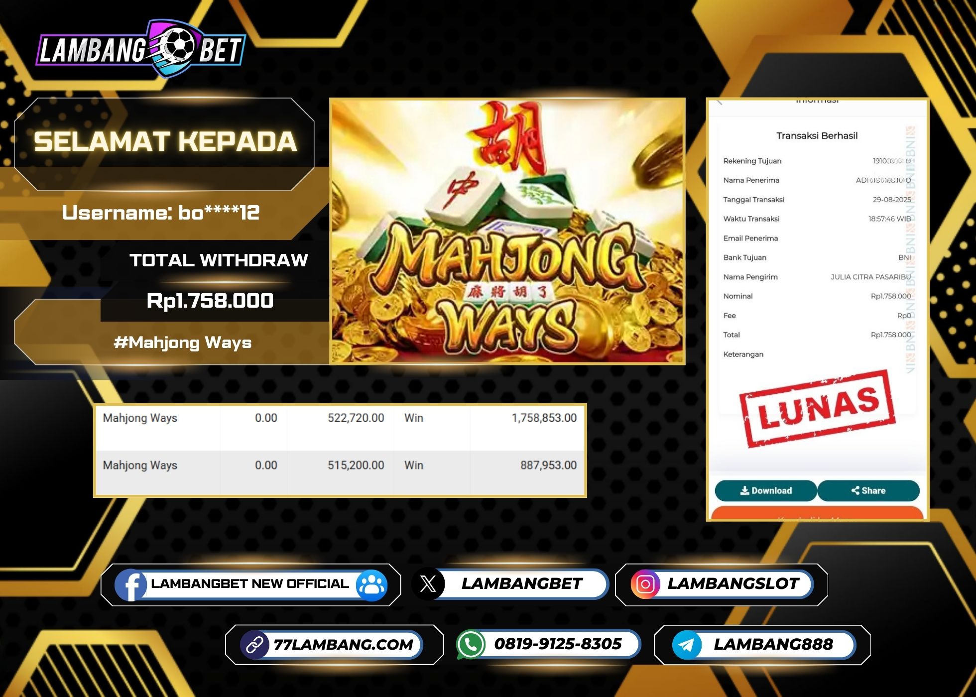 LAMBANGBET [29 AUGUST 2025] JACKPOT SLOT Mahjong Ways "Rp1.758.000" LUNAS